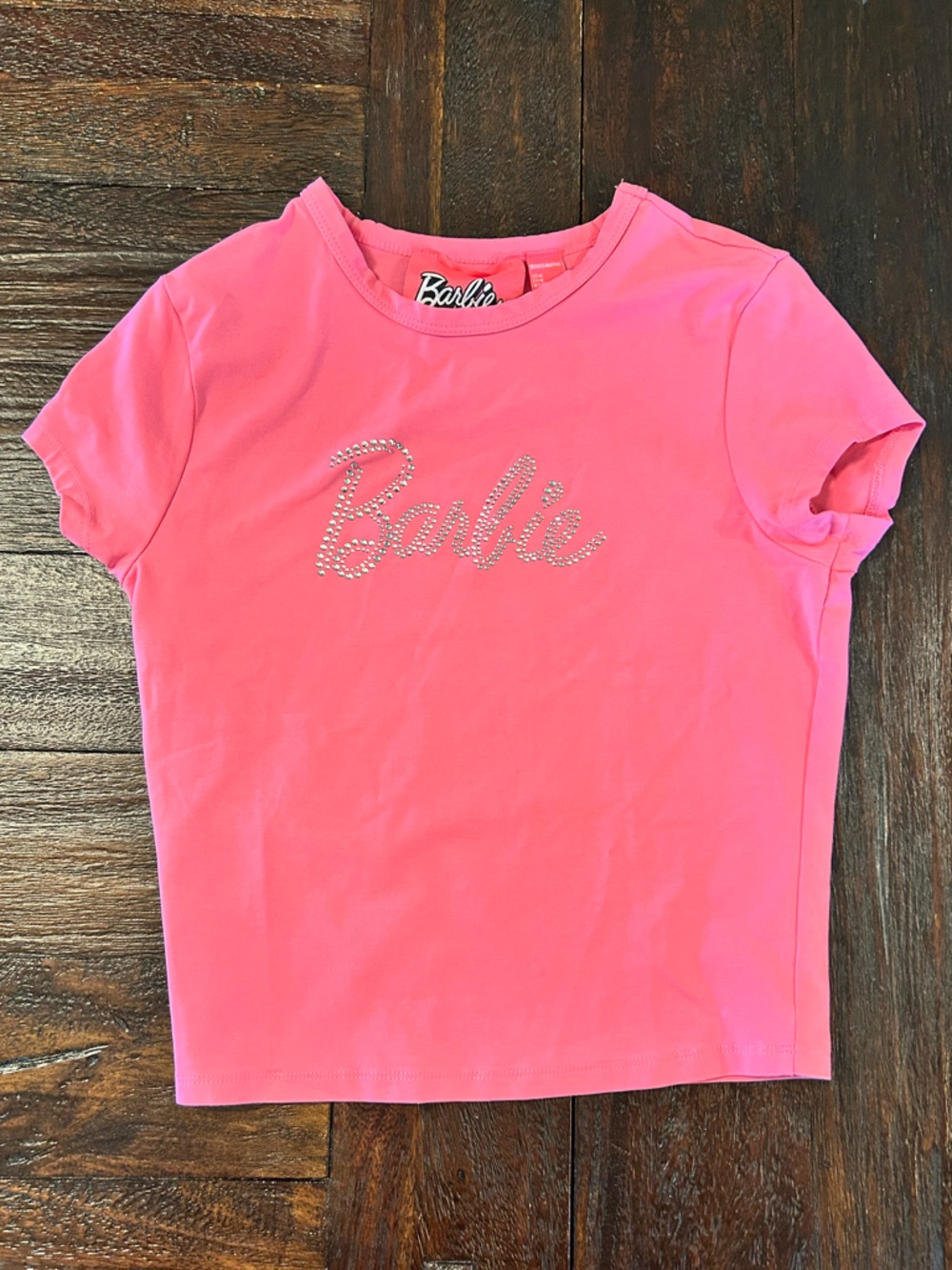 Barbie Hot Pink Rhinestone Script Babydoll Short Sleeve Tee